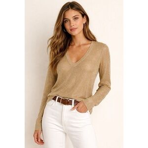 J. Crew Rare Fine Knit Gold Metallic V-Neck Pullover Sweater top Size Medium